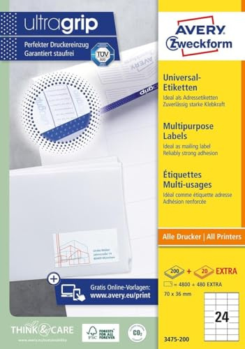 AVERY Zweckform 3475-200 Adressaufkleber (4.800 plus 480 Klebeetiketten extra, 70x36mm auf A4, Papier matt, bedruckbare Absenderetiketten, selbstklebende Adressetiketten mit ultragrip) 220 Blatt, weiß