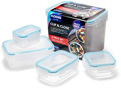 Addis 504498 Clip & Close Food Storage Container 5 Piece Set with Lockable lids, Clear with Blue Seal, Pack