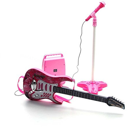 BSD Chitarra rock con corde in acciaio, amplificatore, supporto regolabile e microfono - Chitarra rock per bambini - Chitarra rock - Chitarra giocattolo - Strumento musicale per bambini - ROSA