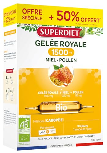 Défenses immunitaires - Gelée Royale 1500mg - Bio - Format promo - Ampoules | Cure de 30 ampoules de 10 ml - Immunité - Gelée royale 1500mg, Miel 250mg, Pollen 135mg - Fabrication Française - Superdiet