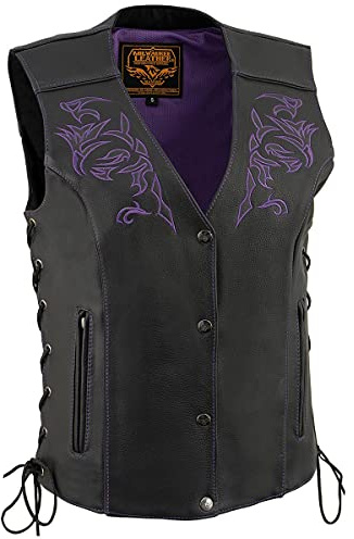 Milwaukee Leather ML1296 Women's Black/Purple Leather Side Laced Motorcycle Vest w/Reflective Tribal - Large