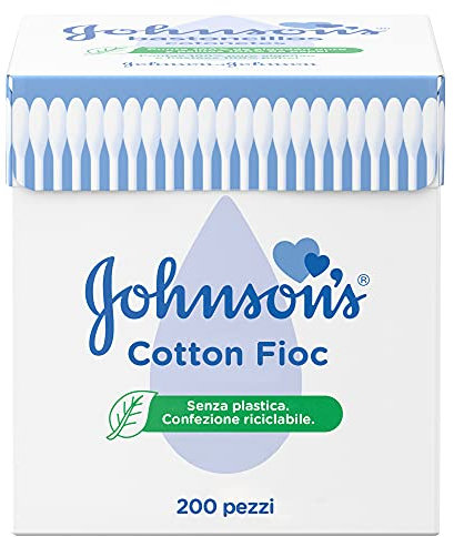 Johnson's Baby Cotton Fioc, Cotton fioc morbidissimi per la pulizia delle aree delicate, Cotton fioc neonato e adulto, Bastoncini in carta e cotone per la pulizia orecchie delicata, 200 Pezzi