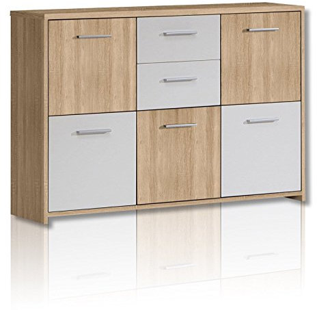 FORTE Quadro Kommode mit 5 Türen und 2 Schubladen, Holzwerkstoff, Sonoma Eiche / Weiß, 113.9 x 77.5 x 29.6 cm