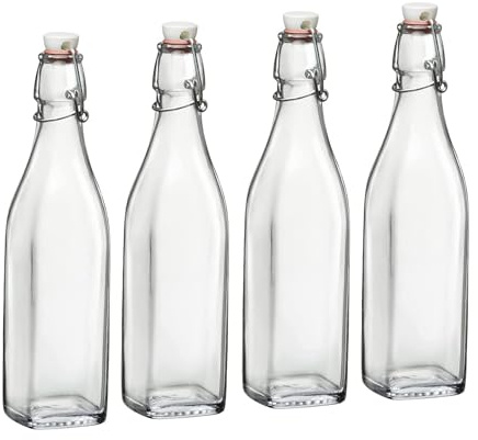 Bormioli Rocco 17oz Swing Bottle (Set of 4) - Reusable Glass Bottles with Airtight Leakproof Swing Tops, BPA-Free Office Water Bottle, Great for Homemade Syrups, Dressings, Infused Oils, Fresh Juices