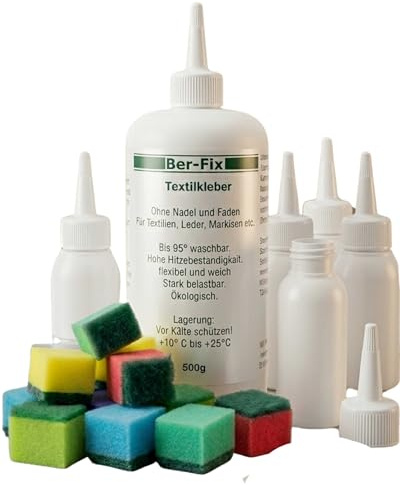 Ber-Fix® Textilkleber 500g – inkl. 5 × 50 g Leerflaschen zum Umfüllen | starker Stoffkleber für Baumwolle, Jeans, Leder, Filz & Markisenstoff | bleibt flexibel, waschbar bis 95 °C, Made in Germany