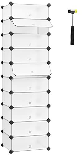 SONGMICS Schuhregal, DIY, Schuhschrank mit Tür, 10 Ebenen, aus PP-Kunststoff, Schuhablagen, mit Gummihammer und Umkippschutz, halbtransparent weiß, LPC10W