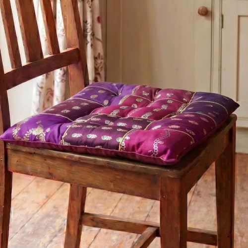 Orientalisches Brokat Steppkissen, Stuhlkissen 40x40 cm, Viskose, lila | Patchwork-Design, ideal als Stuhlkissen, Reinigung empfohlen, aus Rajasthan, mit Schnüren zur Befestigung