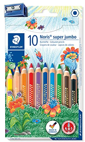 STAEDTLER Noris Super Jumbo 129 Buntstifte – 10 Farben, mit Spitzer | Sechskantformat, 6,0 mm Mine, bruchfest durch A·B·S – für Kinder – Art.-Nr. 129 NC10