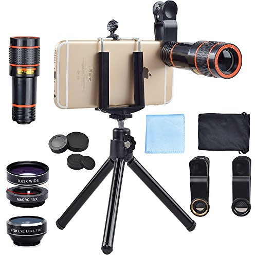 APEXEL 4in1 Handy-Objektiv-Kit 12x Teleobjektiv + 198 Grad Fisheye Objektiv + 15X Makroobjektiv und 0.63X Weitwinkelobjektiv für iPhone Samsung HTC und das meisten Android-Smartphone