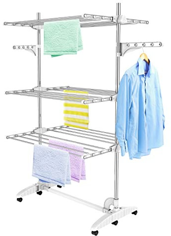 Todeco - Etendoir à Linge, Etendage à Linge - Matériau: Tubes en acier inoxydable - Charge maximale: 2,72 kg par barre de support - 3 étagères, Blanc, avec ailes