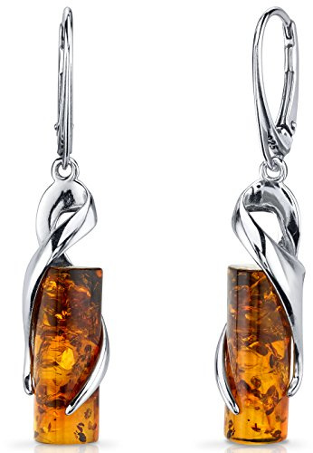 Peora Genuine Baltic Amber Dangle Earrings for Women 925 Sterling Silver, Cylindrical Drop Design, Rich Cognac Color, Lever backs, Real Baltic Amber Earrings for Adults,