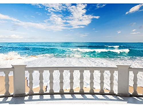 Runa Art Papel tapiz fotográfico 396 x 280 cm Playa terraza del mar | Lana Decoración De Pared Sala Cuarto | Fabricación alemana | azul beige 9028012a