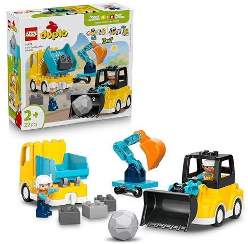 LEGO Duplo Vehículos de Construcción “3en1” - Juego Educativo Montessori con Camiones, Excavadoras y Vehículos de Construcción de Juguete - Regalo de Cumpleaños para Niños y Niñas de 2+ Años - 10475