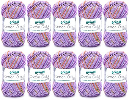 Gründl Cotton Quick Print stickgarn/virkgarn (färgglatt garn tillverkat av 100% bomull, OEKO-TEX certifierad, 50 g/125 m, nåltjocklek: 3 – 4, 10 x 50 g), lila-grön-orange flerfärgad, 35 x 24 x 7 cm