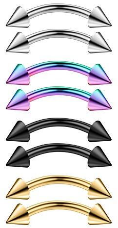 Ruifan 8PCS Assorted Colors Eyebrow Piercing Jewelry Curved Barbell with Spike Kit Eyebrow Tragus Lip Ring 16 gauge 8mm