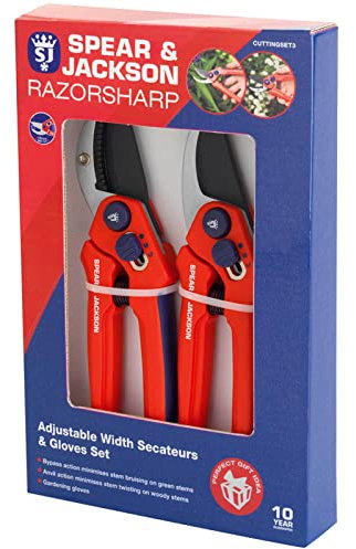 Spear & Jackson CUTTINGSET3 Razorsharp Adjustable Width Secateur and Glove set