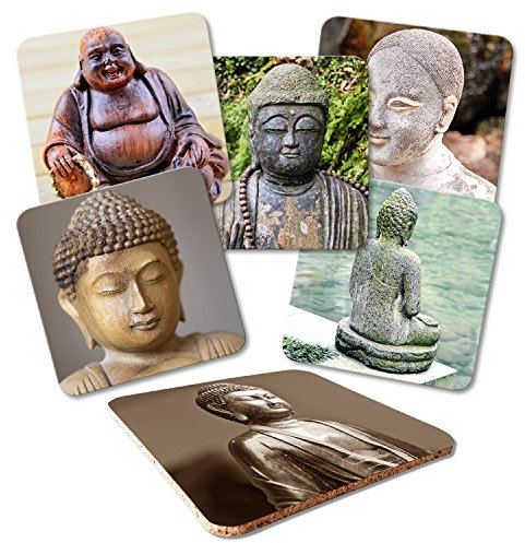 Addies Glas-Untersetzer 6er-SetBuddha, mit Kork-Untermaterial und in schöner Klarsichtbox geliefert