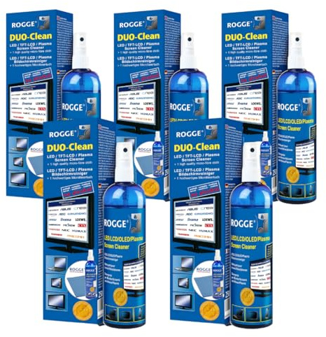 ROGGE Duo-Clean Original, 5X 250ml LED,LCD,TFT+Plasma Bildschirmreiniger inkl. 5X M.P.P Prof.Microfasertuch 38x40cm. Streifenfreie Reinigung alle glatten Oberflächen.