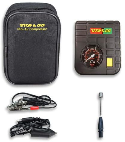 Stop & Go RCP Mini-compresseur d'air Compact avec Adaptateur de Voiture 12 V et lumière LED intégrée pour Moto, Scooter, VTT, UTV, Chariot de Golf et Tondeuse à Gazon