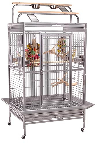 Montana Cages | Vogelvoliere Papageienkäfig Hacienda Play, für kleine- & mittelgroße Papageien, inkl. Freisitz, 4 Lenkrollen, 4 Edelstahlnäpfe, Platinum Edition, ca. 91 x 71 x 181 cm