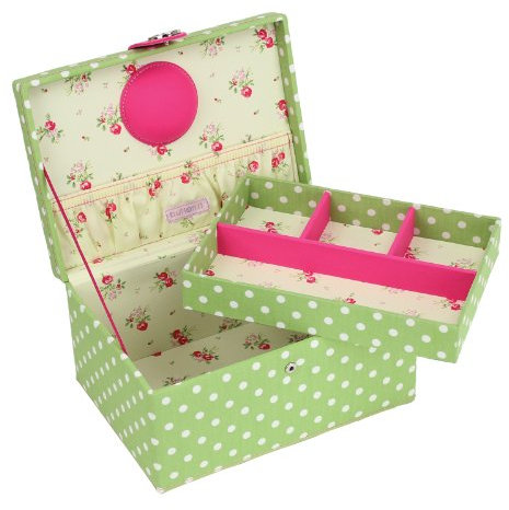 London Clock 82302 Nähkästchen Serie gepunkteten Muster mit Tragegriff, Innenfutter und floralem Design, 24 x 17 x 12,5 cm, grün