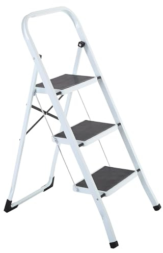 RABURG Klapp-Tritt-Leiter 3 Stufen, faltbar, Stahl, 67,5 cm, Weiß | Belastbarkeit ca. 150 kg, faltbar, Stahl, 3 Stufen, für Haushalt, Werkstatt und Renovierung
