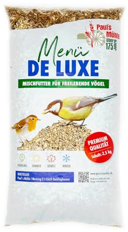 Paul´s Mühle - 2,5 kg Wildvogelfutter Deluxe Vögel & Wildvögel ganzjährig | Ganzjahresfutter mit Sonnenblumenkernen, Mehlwürmer & Erdnüsse - Vogelfutter & Streufutter proteinreich & schalenarm