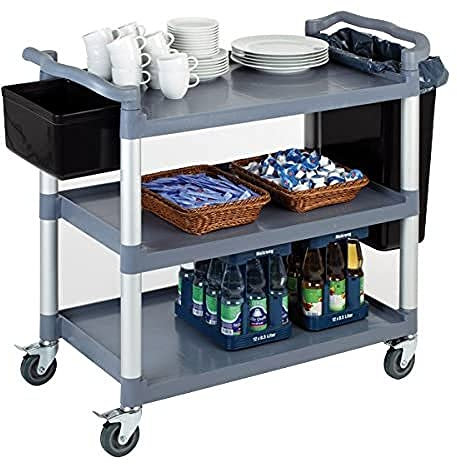 APS Servier-/Transportwagen Aluminiumrahmen, 3 Böden, Abstand je Boden 31 cm, 4 Lenkrollen mit Feststellern, Tragfähigkeit 80 kg je Boden, 240 kg gesamt, demontiert, einfache Montage, ohne Container