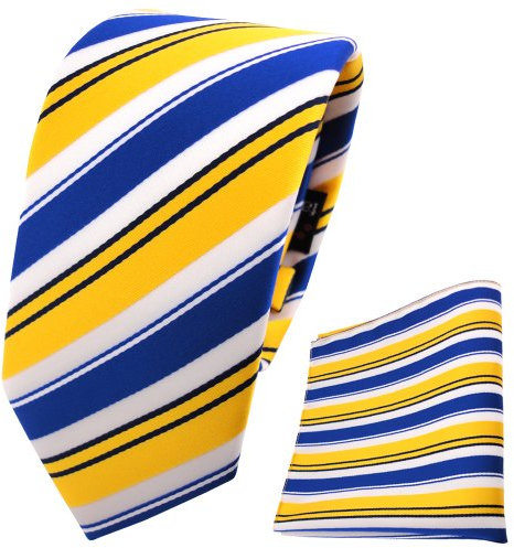 TigerTie - schmale Designer Krawatte Designer Einstecktuch in gelb blau weiss schwarz gestreift