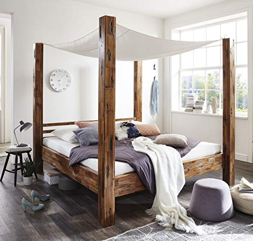SAM Himmelbett 180x200 cm Ella, Natur-Holzbett aus Akazienholz, Unikat | massives Holzbett, romantischer Landhausstil, pflegeleicht