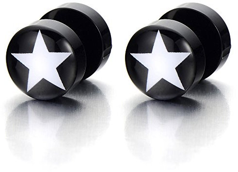 10MM Schwarz Kreis mit Stern Herren Damen Ohrstecker Ohrringe Fakeplugs Fake Ohr-Plug Tunnel Gauges Ohr-Piercing 1 Paar