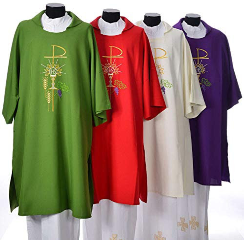 Holyart Dalmatik mit Chi-Rho Kelch Hostie und Weizenähre, Elfenbeinfarbig
