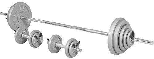 GORILLA SPORTS® Hantelset 100 kg mit Langhantel und 2 Kurzhanteln, 30 mm | Gusseisen-Gewichte, Langhantelstange 170 cm, Kurzhanteln 35 cm und 6 Stern- oder Federverschlüsse für Krafttraining