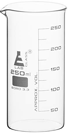 Eisco Borosilicate Glass Beaker - 250ml | Tall Form with Spout | 25ml Graduations | 119mm Tall | 57.8mm Inner and 60mm Outer Diameter | Scientific Glassware for Lab Measurements