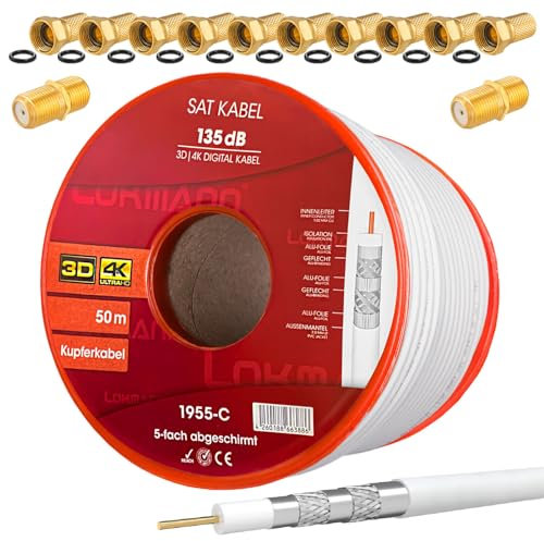 HB-DIGITAL 50m 135dB Câble coaxial SAT en cuivre pur PRO Câble d'antenne coaxial 5 fois blindé pour les systèmes DVB-S / S2 DVB-C et DVB-T BK + 10x connecteurs F plaqués or ET 2X connecteurs F Gratuit