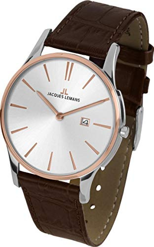JACQUES LEMANS Damenuhr London Lederarmband massiv Edelstahl ip-rosé/Bicolor 1-1936F