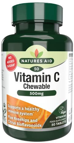 Natures Aid Vitamin C 500mg 50 Chewable Tablets – Supports Immune System & Skin Health - High Strength, Sugar Free, Vegan, Non-GMO – Antioxidant Supplement