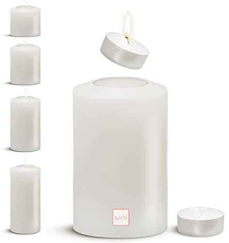 Sin! Teelichthalter Classic warmweiß - ∅ 6 cm, Höhe 8 cm. Die Kerze die Nicht schmilzt! - Dauerkerze in Kerzenform Kerzenoptik aus Kunststoff mit Teelichteinsatz, inkl. Teelicht 4 Std. Brenndauer