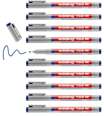edding 152 M stylo non-permanent - bleu - 10 stylos - plume ronde 1 mm - stylo pour écrire sur le verre, le plastique, les films et les surfaces lisses - séchage rapide, peut être corrigé à l'eau