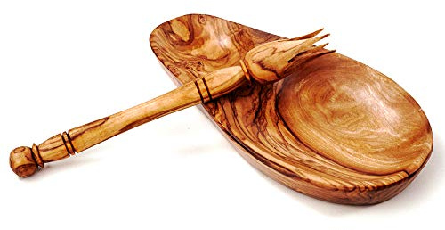 Olivenschale für Oliven aus Holz, Olivenholz + 2 Olivenpicker inklusive (14 Zentimeter)