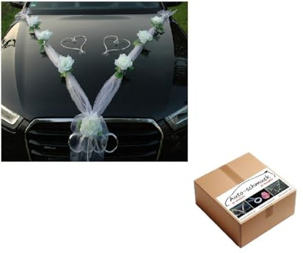 Organza M + Herzen Braut Paar Rose Deko Dekoration Autoschmuck Hochzeit Car Auto Wedding Deko Ratan Girlande ®Auto-schmuck PKW (Weiß/Weiß/Weiss)