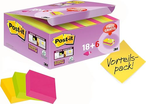 Post-It Super Sticky Notes, 47,6 mm x 47,6 mm, 18 block + 6 gratis, 90 ark per block – självhäftande anteckningspapplar för anteckningar, att göra-listor och minnen