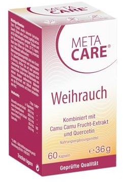 META CARE Weihrauch – Hochwertiger Extrakt aus indischem Weihrauch – Reich an Boswelliasäuren – Spezial-Kombination mit Vitamin C aus Camu Camu Frucht-Extrakt – VEGAN – 60 Kapseln