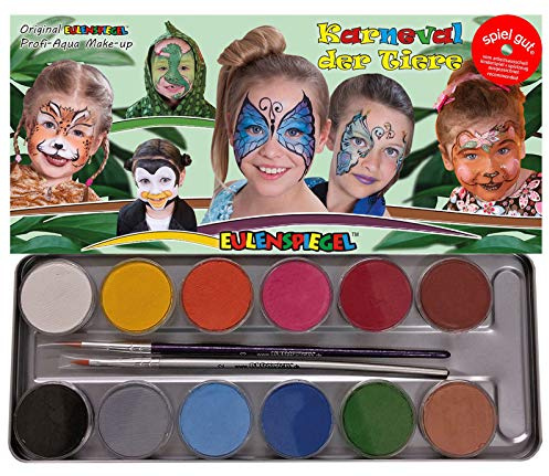 Eulenspiegel 212226 - Metall-Palette Karneval der Tiere, 12 Farben Profi-Aqua Schminke, 2 Profi-Pinsel, 3 Schwammpads