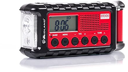 Midland - Batería Externa de Emergencia ER300 Multifuncional para Camping y Outdoor, Linterna LED Dinamo, Radio FM/Am con Placa Solar, Función SOS y Ultrasonidos para Perros, Pilas Recargables