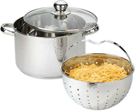 BEYOND Casseruola in Acciaio Inox con Cestello Scolapasta Estraibile e Coperchio in Vetro