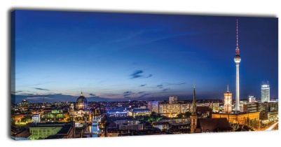 wandmotiv24 Leinwandbild Panorama Nr. 234 Berlin bei Nacht 100x40cm, Bild auf Leinwand, Deutschland Hauptstadt Fernsehturm