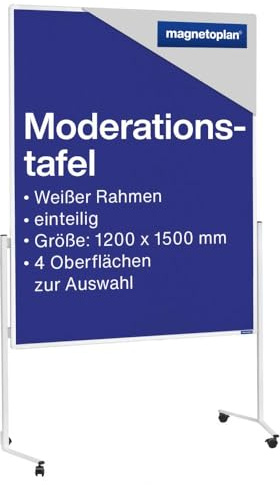 magnetoplan Moderationstafel einteilig, Filz Blau l Doppelseitig BxH 1200x1500mm l Aluminiumrahmen Weiß l Mobile Präsentationstafel l Mit 4 Lenkrollen & stabilem Stahlgestell l Für Büro & Schulung | Rahmen weiß, einteilig, Filz blau