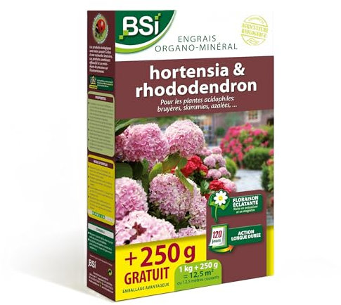 BSI - Engrais Hortensias Et Rhododendrons - Bio - Pour Toutes Les Variétés - Floraison Éclatante - Action Longue Durée - 1Kg + 250g Gratuit - Jusqu'à 12,5 m² - UAB, Aucune