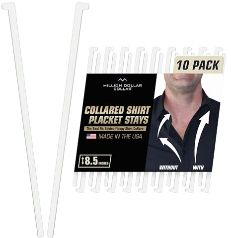 Million Dollar Collar Placket Stays - Slick Collar for Men & Women Dress Shirts with Universal Compatibility, Keeps Firm & Crisp, Made from Proprietary Material 10-Pack White